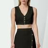 Liquidación Oferta Chaleco Corto de Algodón y Lino Estilo Francés Bloque de Color Botones Sin Mangas Top Casual Cropped Camiseta sin Mangas de Pico