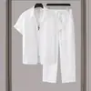 Traje Casual de Hombre 2026 Amazon Comercio Exterior Transfronterizo Camisa de Manga Corta a Rayas con Cuello Abotonado y Pantalones Largos con Cordón