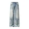 Jeans vintage lavado estilo americano de perna larga para homens, jeans dad da moda high-street com bordas desgastadas, calças compridas retas largas