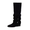 Botas de Tacón Grueso de Pierna Ancha Plisadas para Mujer Otoño/Invierno 2025 Nuevas Versátiles de Tacón Alto Caídas Largas de Montar Adelgazantes