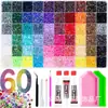 Nuevo producto superventas transfronterizo: Caja de decoración con 60 compartimentos para pedrería de resina de fondo plano para decoración de uñas, set de pedrería redonda DIY en color gelatina con base plateada