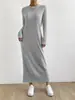 Vestido Europeu e Americano Transfronteiriço Amazon Casual Gola Redonda Tricô Saia Longa Vestido de Manga Longa Feminino Outono e Inverno