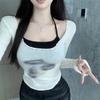 Camiseta de Manga Longa Slim Fit Heartbeat Sniper Niche Hot Girl Gradiente Emagrecedora para Mulheres Início da Primavera Gola Baixa Tie-Dye Camiseta Básica