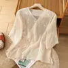 Camisa bordada vintage de algodón para mujer, estilo primavera y verano, cuello diagonal elegante, vestido de té abotonado, blusa de nuevo estilo chino