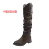 958-11 Botas femininas plus size para pernas grossas e panturrilhas grandes, botas de salto bloco estilo western vintage, botas femininas de tamanho grande, botas de cano alto Maillard