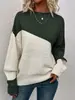 Suéter Feminino Europeu e Americano para Comércio Exterior Transfronteiriço Casual Malha Solta Cor Blocada Amazon Manga Longa Gola Redonda Top de Tricô