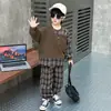 Conjunto de Primavera para Niños, Deportivo y Moderno, Suave y Cómodo, Anti-Pilling, Conjunto de Dos Piezas a Cuadros, Conjunto de Algodón Puro para Primavera y Otoño