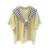 Conjunto de dos piezas para mujer de talla grande con camiseta de manga corta a rayas y chal, adecuado para principios de primavera y verano, corte holgado, top de manga corta talla grande