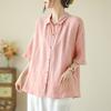 Liquidação~ Camisa de Linho de Manga Curta Estilo Japonês para Mulheres, Artística Cor Sólida Solta Casual Gola Virada para Baixo Algodão-Linho Top