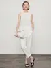 Jeans de Sarja Tencel Lyocell Cool de Nove Pontos com Barra Larga e Pregas, Caimento Fluido, Branco, Corte Reto, Para o Trabalho, Calça Casual