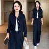 Traje de mujer a la moda 2026 otoño nuevo estilo, elegante y adelgazante, con una chaqueta de cuello corto y pantalones de pierna ancha, un conjunto de dos piezas de moda para ir al trabajo