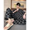 Pijama de verano para hombre, 100% algodón, talla grande, manga corta, holgado, estilo coreano, para el hogar, con rayas finas.
