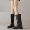 Botas Cavaleiras de Cano Alto Lavadas Populares, Novas Botas de Cano Largo Marrons, Botas de Celebridade da Internet, Botas Simples e Versáteis de Couro Genuíno com Salto Médio