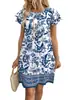 Vestido de verano de estilo nuevo para mujer, europeo y americano, con mangas de volantes, casual, de moda, con estampado, bolsillo y cuello redondo, para vacaciones