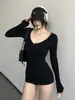 Mono de Camiseta de Manga Larga Estilo Americano Picante para Mujer, Atuendo Versátil de Cintura Alta Ajustado para Fitness y Ciclismo de Primavera y Otoño