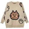 Estilo coreano otoño e invierno Nuevo suéter de punto para mujer estilo perezoso holgado combinación de colores gato de dibujos animados jacquard cuello redondo suéter mujer