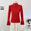 Camisa Base Elegante e Bonita com Pedrarias de Alto Padrão para Mulheres, Blusa de Tricô Estilo Francês com Manga Sino para o Inverno, Roupa Íntima Elegante de Corte Justo