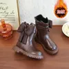 Botas de cuero para niña para otoño e invierno, dulces botas de princesa con moños, forradas de felpa para abrigar, botines Martin para niños con suelas suaves y antideslizantes.