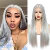 Peluca frontal de encaje de AliExpress, estilo europeo y americano, para mujer, cabello largo y liso, gris plateado, con cubierta superior de fibra química.