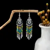 Pendientes Bohemios Azules de Turquesa Estilo Étnico Europeos y Americanos, Pendientes de Borla de Metal Plateado Imitación, Joyería de Borla Vintage para Orejas al por Mayor