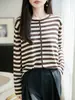 Cárdigan de punto a rayas estilo francés para mujer de principios de otoño, fino, cuello redondo, abotonado, adelgazante, versátil y con un estilo relajado y casual