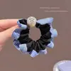 Estilo Namorada Inteligente! Elástico de Cabelo com Laço Delicado, Corda de Cabelo, Elástico de Cabelo, Elástico de Cabelo Azul com Listras de Renda e Pérolas