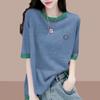Camiseta de Algodão Bambu de Manga Curta para Mulheres 2026 Primavera e Verão Novo Estilo Fina Tamanho Grande Solta Casual Blusa Spliced de Meia Manga para Mulheres