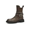 Hermosas y resistentes botas vaqueras de piel de vaca con hebilla de cinturón y remaches, botas de invierno 2024 de piel de vaca con tacón medio grueso y punta redonda para niños