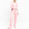 Estilo Europeu e Americano Roupa de Casa Malha Cor Sólida Renda Patchwork Sexy Manga Longa Amarração Calça Longa Conjunto de Duas Peças Outono e Inverno Novo Modelo 2026