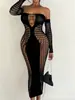 Vestido Tubinho Bodycon de Um Ombro Cruzado Europeu e Americano com Manga de Rede para Festa em Boate Sexy com Recorte