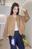 Jaqueta de outono nova estilo europeu de alta qualidade, caimento solto, slim fit, camurça vintage, gola redonda, com zíper, para mulheres