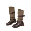 Botas de Cavaleiro Empilhadas Retrô Femininas 2026 Nova Chegada de Outono Cano de Altura Dupla Fivela de Cinto Salto Grosso Botas Longas Couro de Microfibra Bico Redondo