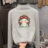 Camada Interna Listrada da Moda para Meninas com Camisa Térmica de Base, Nova Camiseta Versátil de Manga Longa Quente para Outono e Inverno