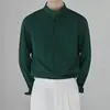 Nova camisa masculina casual madura estilo chinês, corte slim, sem amassar, gola alta, camisa verde escura com um visual bonito e fluido, camisa estilo terno