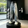 Pantalones curvos para hombre con pintura salpicada y rotos azules, pantalones de pierna recta con lavado y efecto desgastado, pantalones vaqueros de pierna ancha de marca moderna estilo americano