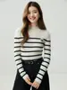 Suéter de cachemira pura para mujer, cuello alto medio, a rayas, cálido, corte ajustado, casual, moderno, capa base versátil