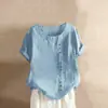 Camiseta Casual de Algodón y Lino para Mujer, Manga Corta, Cuello Redondo, Botones, Estilo Europeo y Americano, para Vacaciones y Calle, 2024
