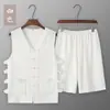 Traje de Verano Holgado Transpirable Fino Chaqueta Tang Chaleco Shorts Hebilla Retro Chaqueta Mandarín Sudadera de Titular Viejo para Hombre