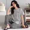 Pijama 100% Algodão Puro para Mulheres, Verão Fino de Manga Curta e Calça Longa, Gola Redonda de Algodão, Novo Estilo de Roupa para Casa para o Verão