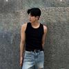 Colete Slim Elástico Sem Mangas com Costura em Arco de Cor Sólida Masculino Verão Novo Estilo Americano Estilo de Rua Camiseta Trendy