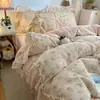 Lençol de cama com babados florais pequenos estilo coreano de alta gramatura, colcha, conjunto de quatro peças de veludo de leite, conjunto de três peças quente 1
