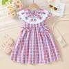 Ropa Infantil Transfronteriza Vestido de Niña Día de la Independencia Americana Nuevo Dulce y Lindo Cuello de Muñeca a Cuadros Falda con Cintura