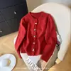 Nuevo Suéter Suave de Punto de Color Sólido con Cuello Redondo y Botón Especial Estilo Coreano para Mujer, Cardigan de Punto Holgado Estilo Dulce y Suave para Otoño e Invierno