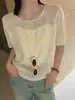Top de punto ligero y transpirable de color liso, cuello redondo, manga corta, para verano, holgado, adelgazante, moda casual, lujo ligero, camiseta para mujer