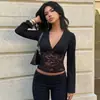 Ropa de otoño para mujer transfronteriza estilo europeo y americano: Tops y camisetas de color liso, escote en V, manga larga, con ribete de encaje, sexys, modernos y que realzan la figura, al por mayor