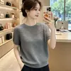 Camiseta Lyocell Tencel Estilo Casual Top de Tricô Vazado para Mulheres Manga Curta Gola Redonda Cinza Versátil Solto Emagrecedor Top