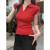 Camisa de Tricô Gola Polo de Seda Gelada Manga Curta Voadora Camiseta Feminina Verão 2025 Novo Costela Slim Slim Fino Top Curto