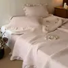Conjunto de Colcha de Algodão com Renda Estilo Coreano Romântico Três Peças Cobertor de Cama de Algodão Puro Lavado com Areia Anti-Manchas Quarto de Menina Rosa Grande Larga