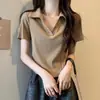 Camiseta Polo Verde de Algodão Puro Manga Curta Feminina Cor Sólida Verão Slim Fit Gola Polo Decote V Cor Sólida Barra Curva Ombro Normal Top Branco