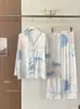 Conjunto de Estilo Nacional Retro Teñido Liso, Nuevo Estilo Chino, Pijama de Seda Helada para Mujer, Se Puede Usar Afuera, Pantalones Largos, Ropa de Casa con Pintura a Tinta